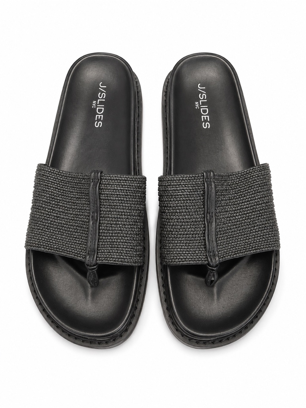 J/SLIDES Rafina Black Woven Toe-Loop Slides Cushioned Footbed NWT 8
